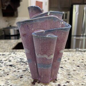 Vintage MCM Bay Pottery 4 Chamber Ribbon Vase Glazed Mauve Blue Gray Signed 8.5"